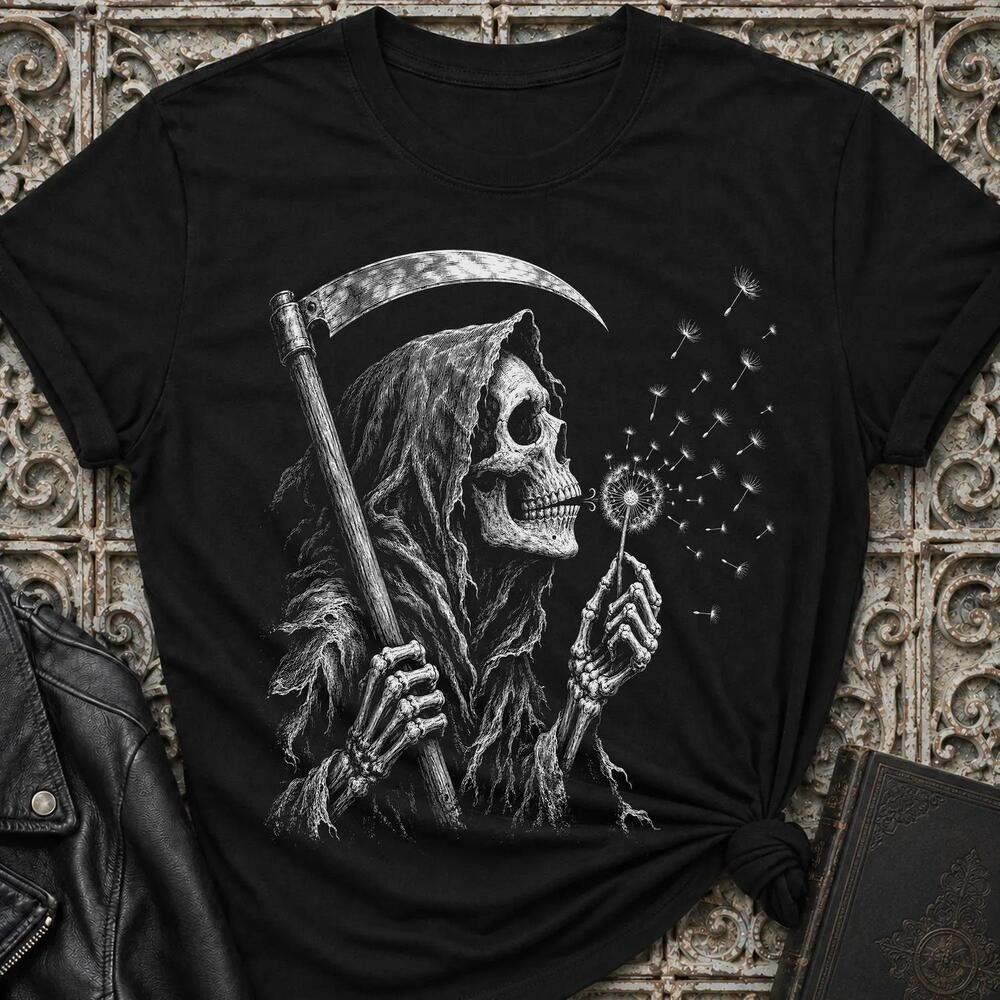 Grim Reaper With Scythe Blowing Dandelion Unisex T-Shirt Gothic Skull Skeleton